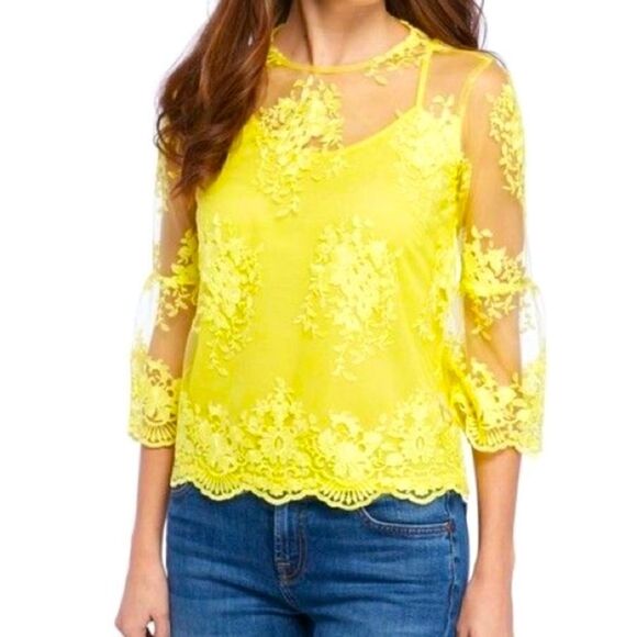 𝅺Nanette Lepore Yellow lace sheer top - Picture 1 of 10